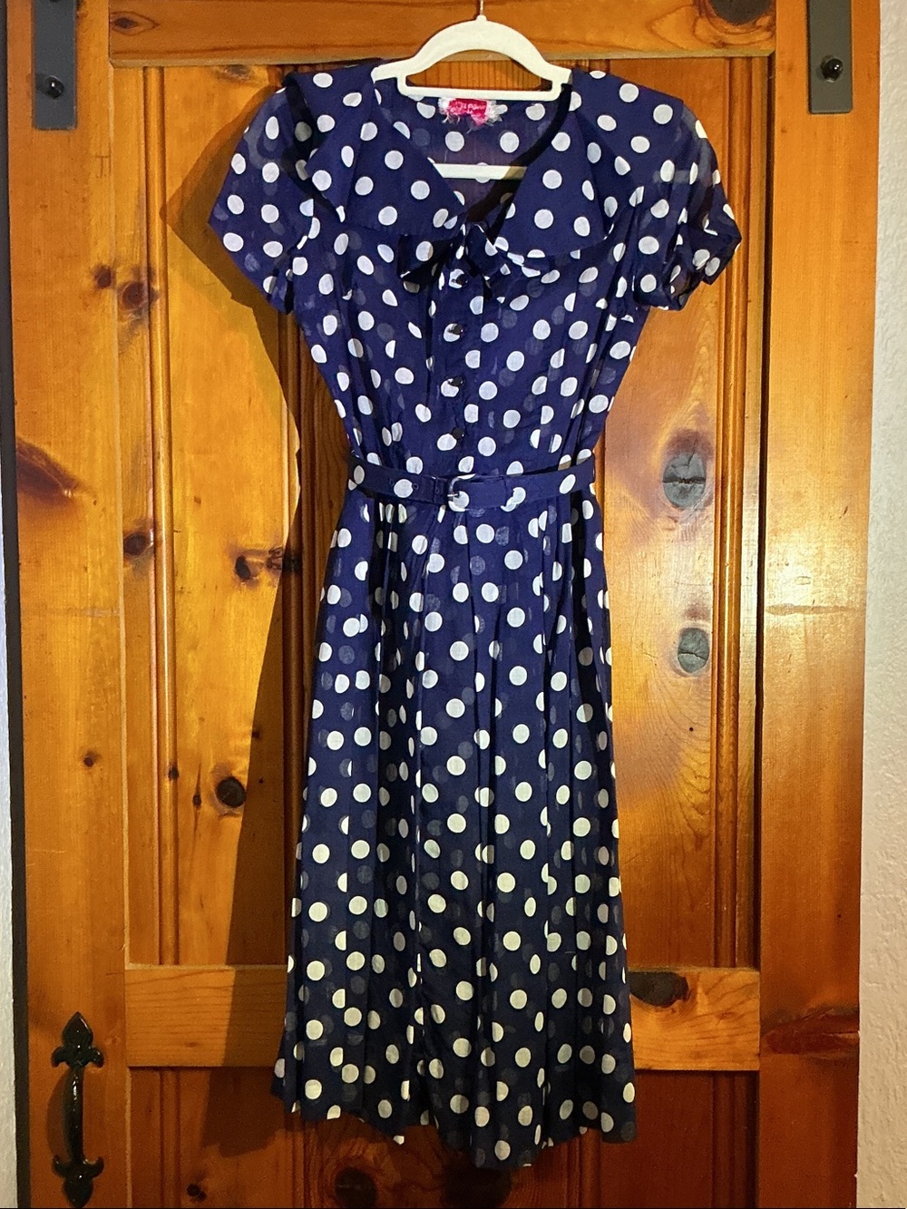 Navy Polka Dot Belted Fit-and-Flare Dress vintage no size sheer dress